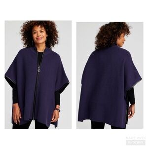 Chico's Embellished Zipper Sweater Ruana Poncho Cape w/ Faux Leather Trim Sz S/M